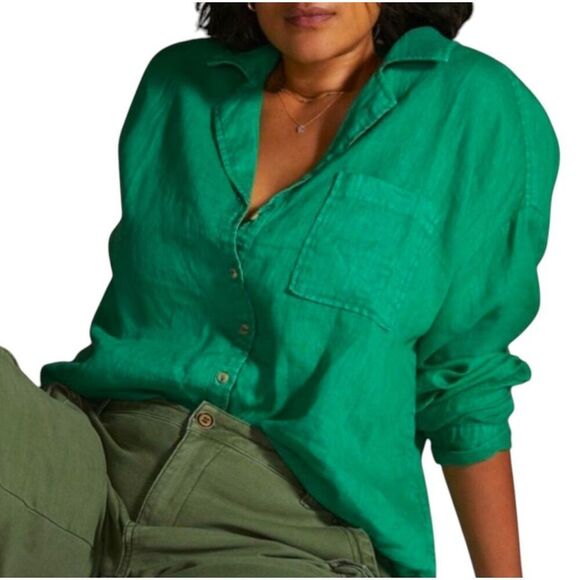Maeve 100% Linen‎ Kelly Green Button Down Long Sleeve Lagenlook XS Anthro - Picture 4 of 13